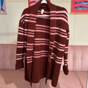 NVLT Women's Burgundy Cardigan with Pink and White Stripes